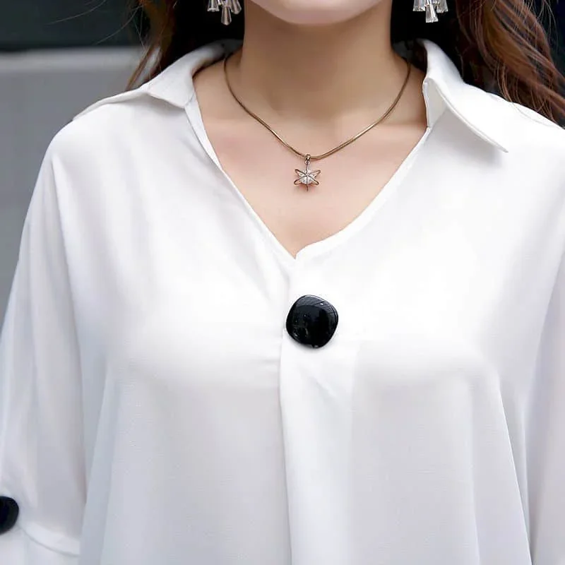 Шифоновые рубашки женские винтажные однотонные с v-образным вырезом свободные