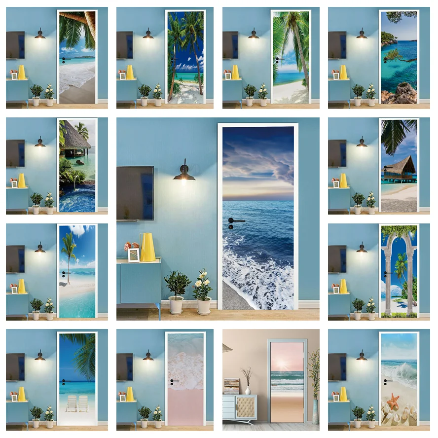 ים חוף כחול שמיים טפט עבור דלת חדר שינה חדר אמבטיה קישוט דלת מדבקות עצמי דבק PVC עמיד למים קיר קיר מדבקות