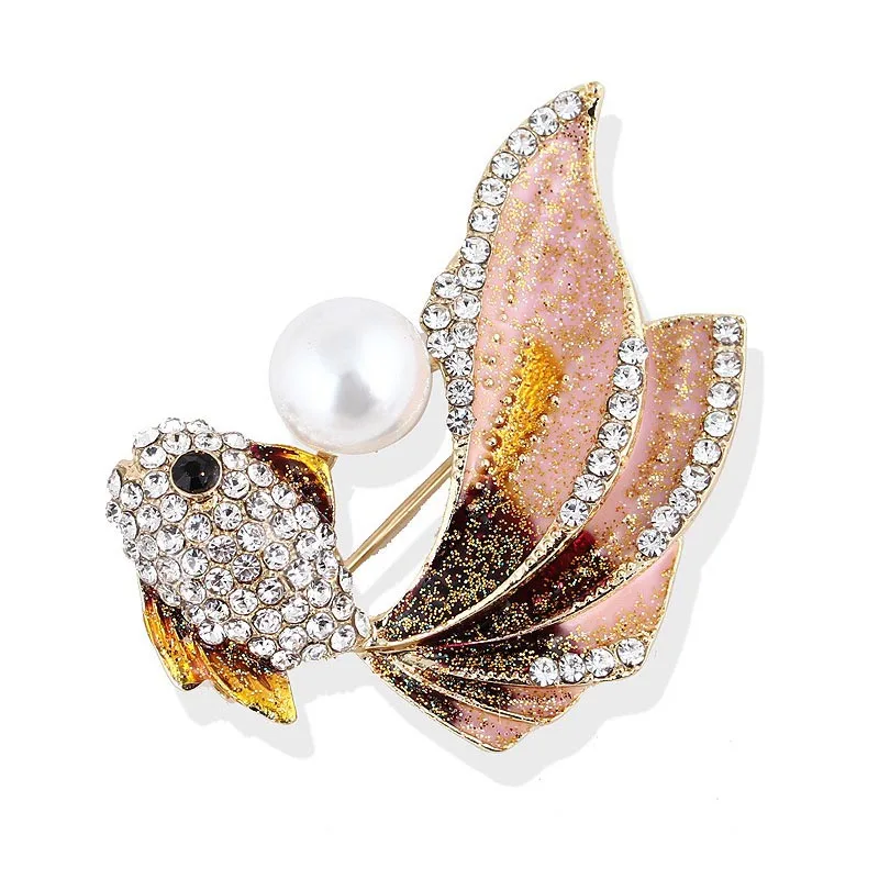 Эмалированные симпатичные цветные броши в виде золотой рыбки, модные броши в виде золотой рыбки со стразами, искусственные жемчужины, морские животные, аксессуары для офиса, подарки