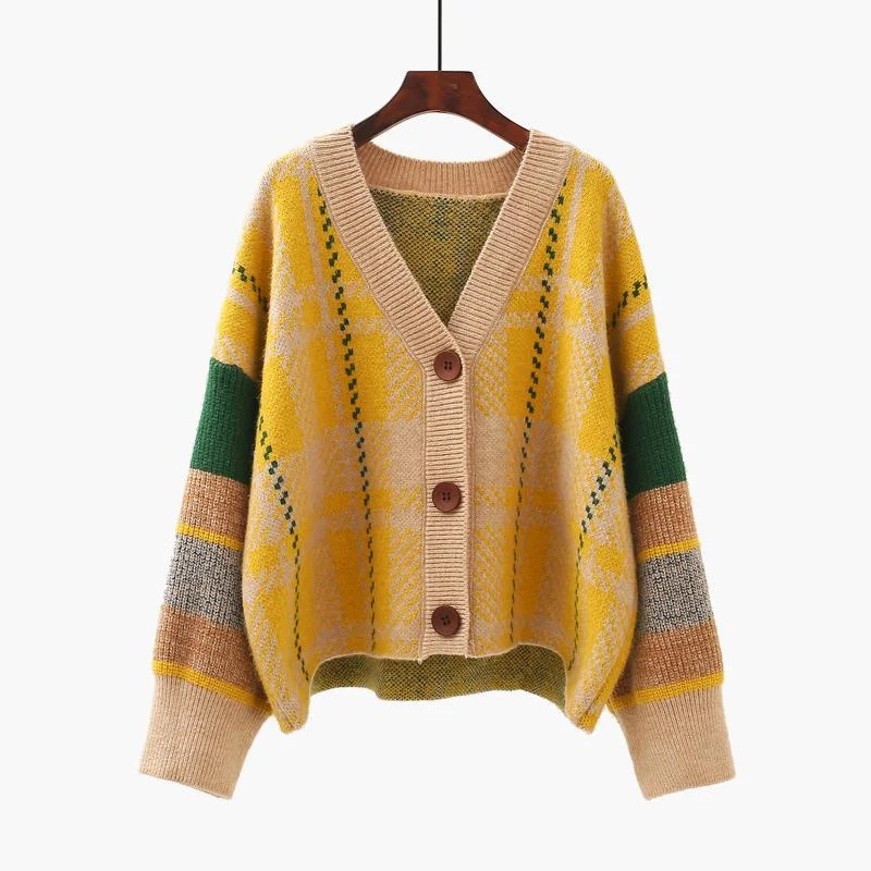 

Retro Contrast Color V-neck Sweater Jacket Women's New Autumn and Winter Outerwear Loose Fashion All-match Knitted Cardigan