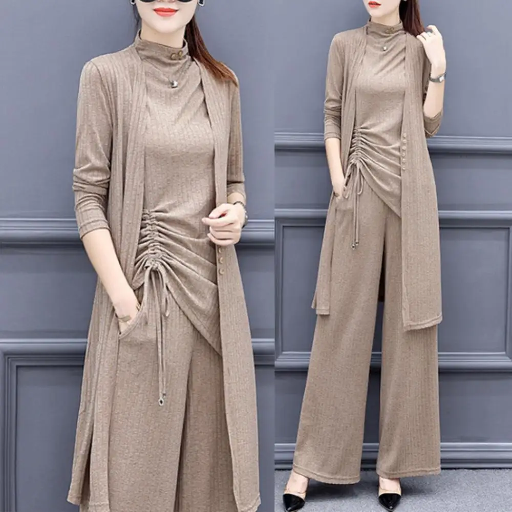 

3pcs/Set Solid Color Outfits Women Autumn Long Sleeve Cardigan+ Tanks Top + Wide Leg Pant Suits 3 Piece Set Women Tracksuits