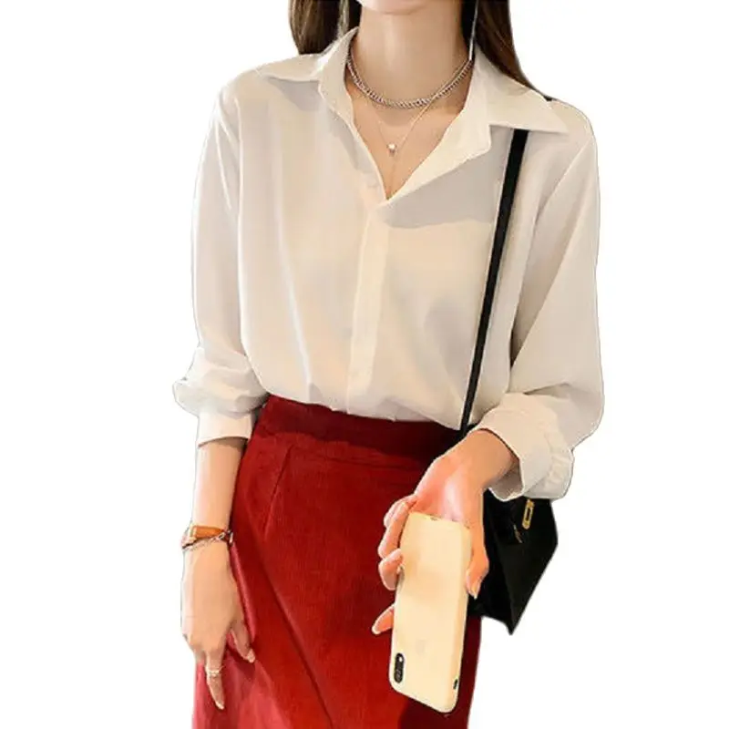 

Blouse Women Chiffon Shirt Formal Wear POLO Collar Buttons Cardigan Fashion Solid Color Long Sleeve Summer Slender Tenafeicc