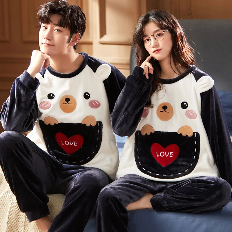 Flannel Thickened Pajamas Set for Couple Men and Women' Pajamas Hooded Suit Coral Fleece Home Service Couple Pajamas Sleepwear