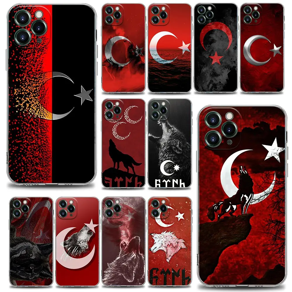 

Funda Coque Clear Phone Case for iPhone Apple 11 12 13 14 Pro 7 8 SE X XR XS Max Mini Plus Case Capa Cover Turkish Wolf Flag