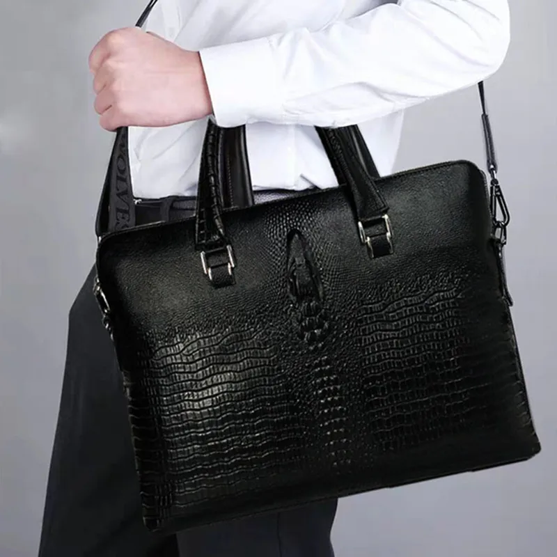 Genuine Leather Crocodile Pattern Men Briefcase Business Laptop Bag Cow  Leather Shoulder Crossbody Bag Office Handbag File Bag