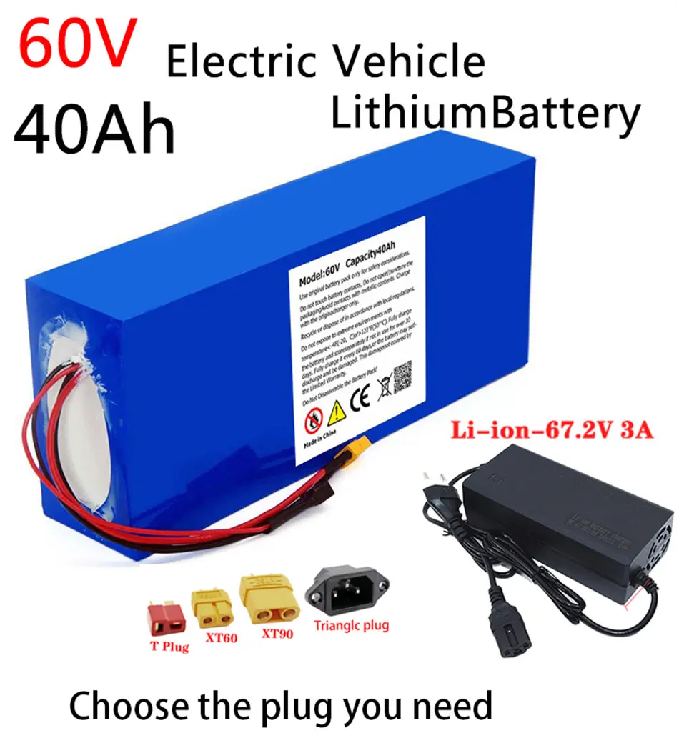 

Nuevo 60V 40AH Electric Bike 18650 Battery for Scooter Motorcycle 67.2V 3000W rechargeable battery with same port BMS+3A charger