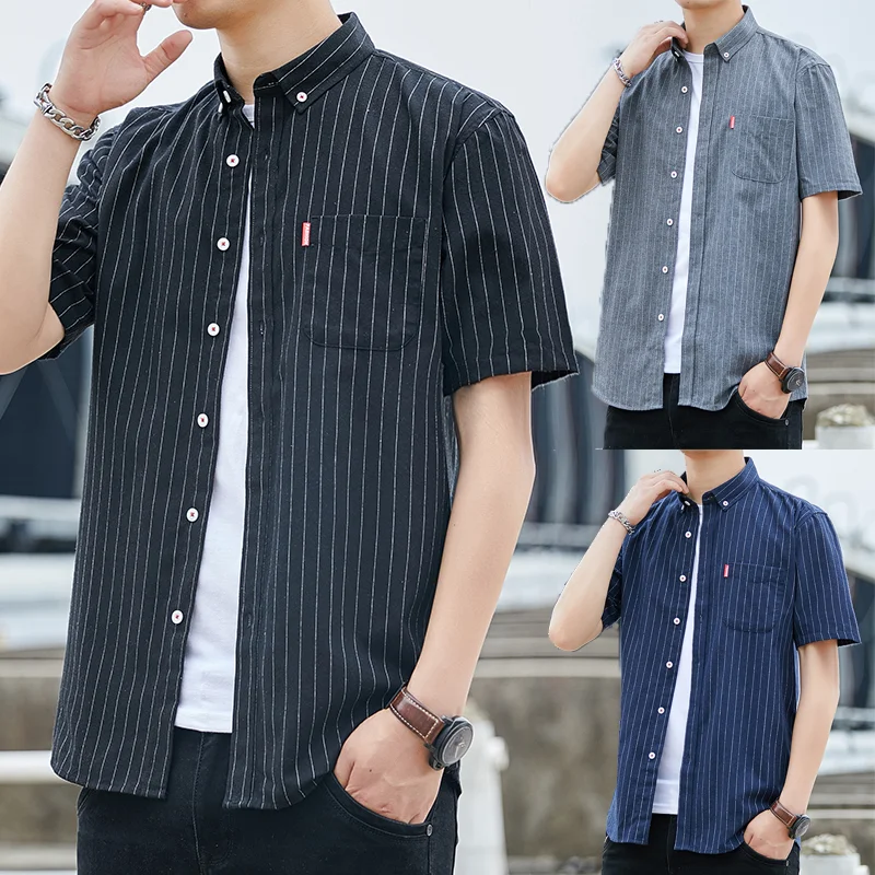

2022 Basic Fashion Men's Shirts Striped Thin Breathable Solid Color Short Sleeve Korean Style Outdoor Daily Formal Shirt