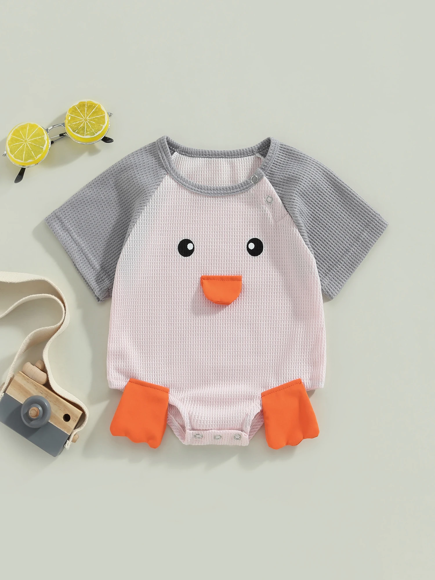 

Baby Girl Boy Waffle Rompers Short Sleeve Crew Neck Contrast Color Cartoon Bear Jumpsuits Clothes Infant Bodysuits