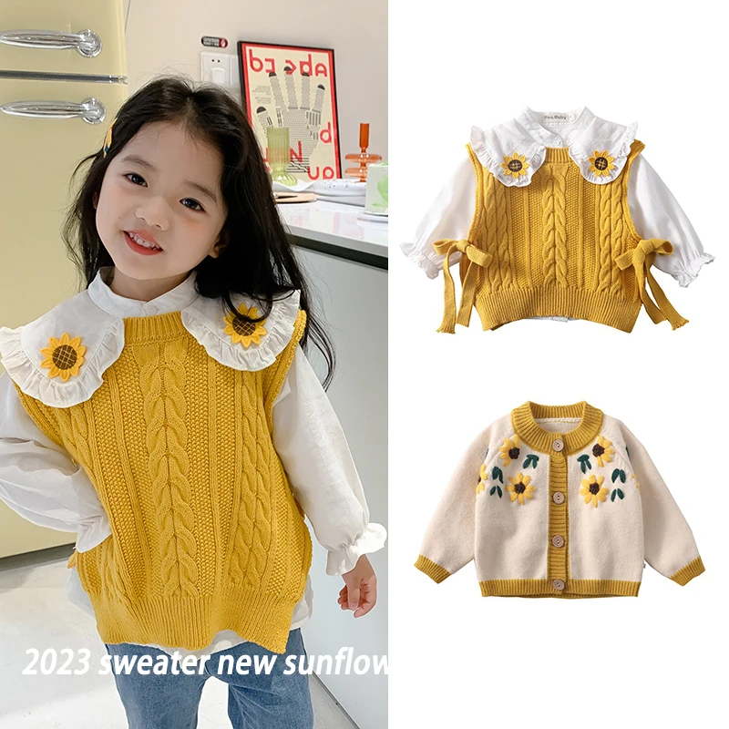 

INS Sunflower Children'S Sweater Cardigan Autumn Winter Clothing Fashion Kids Outfit Knitwear Lapel Coat Little Girl'S Coat love