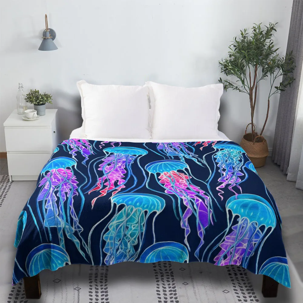 

Люминесцентная Радужная Медуза на темно-синем Пушистом Бохо леопардовом принте мягкое мексиканское одеяло