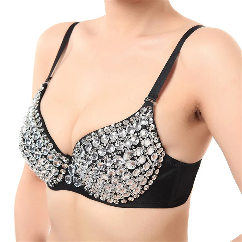 

High Quality Sexy Bras Women Push Up Luxury Rhinestone Sequined Bra Lady Silver /Gold Punk Studded Sponge Dance Bras ropa mujer