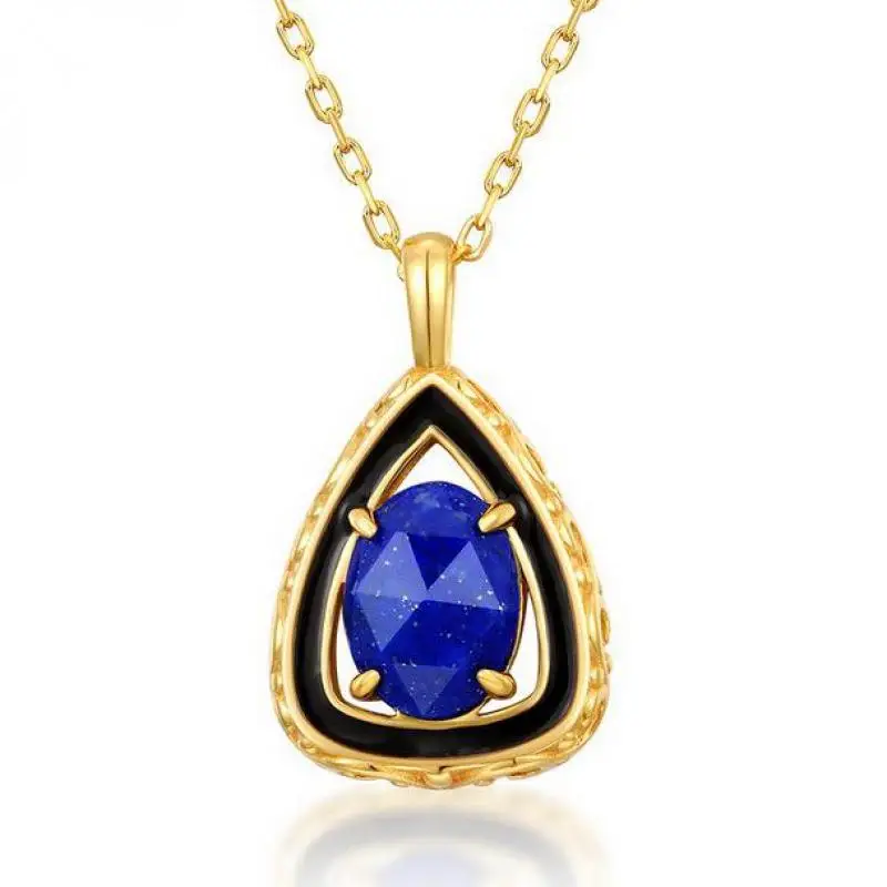 

Natural Lapis Lazuli Necklace S925 Sterling Silver 9k Gold Plated Lazurite Faceted Gemstone Triangle Pendant Necklaces Women