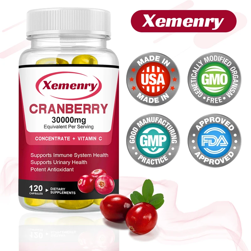 

Xemenry Cranberry Supplement 30000mg Capsules with Vitamin C Promotes Immune Health - Urinary Tract Health Detox & Rejuvenate