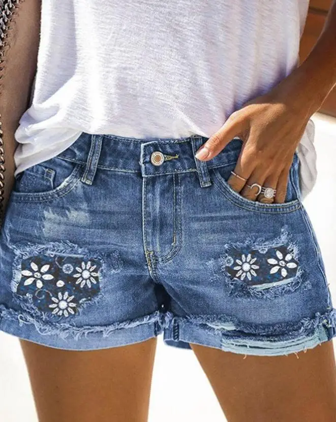 

Printed Spliced Split Denim Shorts 2023 New Fashion Hot Selling Women's Wear
