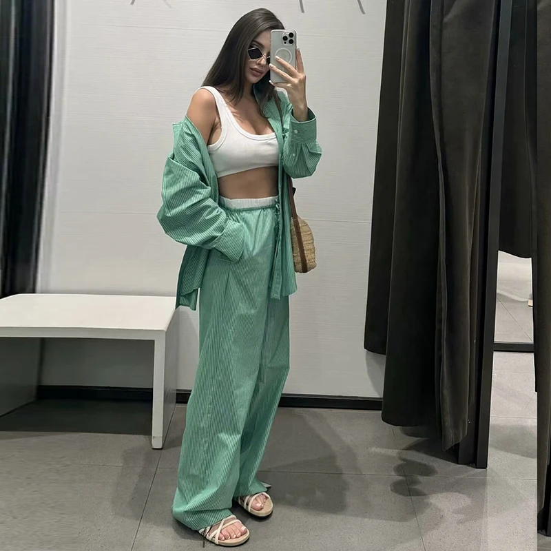 Женский Осенний Комплект Из 2 Предметов Traf Шикарные Полосатые Широкие Брюки