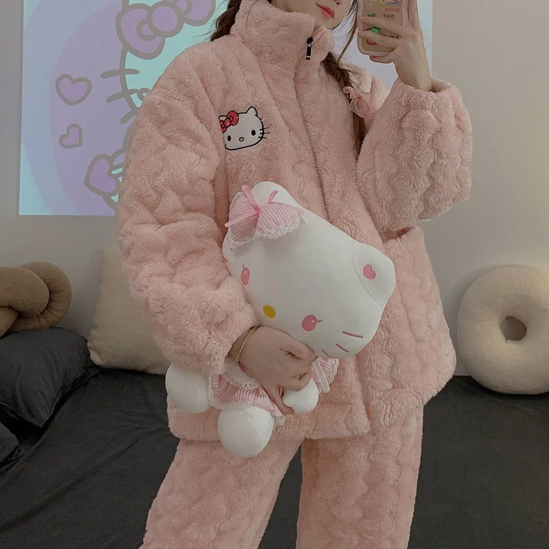 

Sanrioed HelloKittys Фланелевая Пижама женская зимняя трехслойная мягкая утепленная милая детская одежда из двух частей