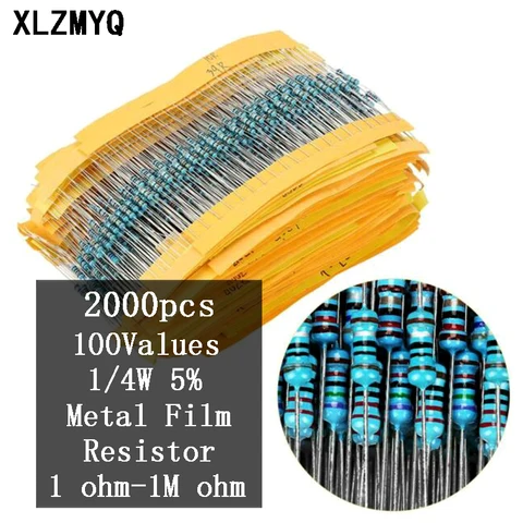 2000 шт., 100 значений, 1/4 Вт, металлическая пленка, Φ ohm резисторы 4.7R 5.1R 10R 22R 470R 1K 2K 4,7 K 100K 680K