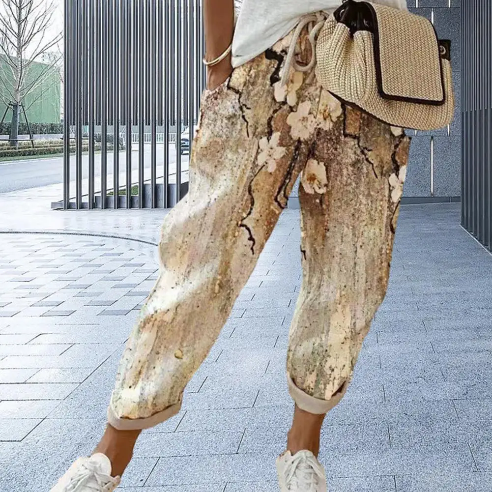 

Брюки женские с эластичным поясом, повседневные тонкие укороченные штаны с карманами на шнурке, с цветочным принтом в стиле ретро, одежда на лето