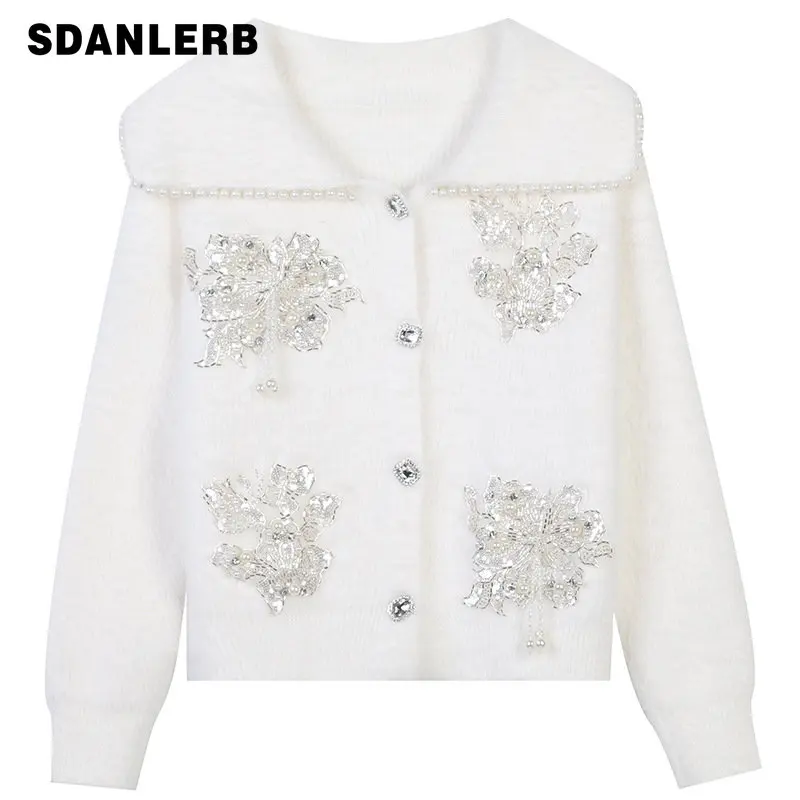 

Autumn and Winter New Women's Clothing Knitted Coat Flower Rhinestone-Embedded Mink-like Wool Affordable Luxury Style Sweater