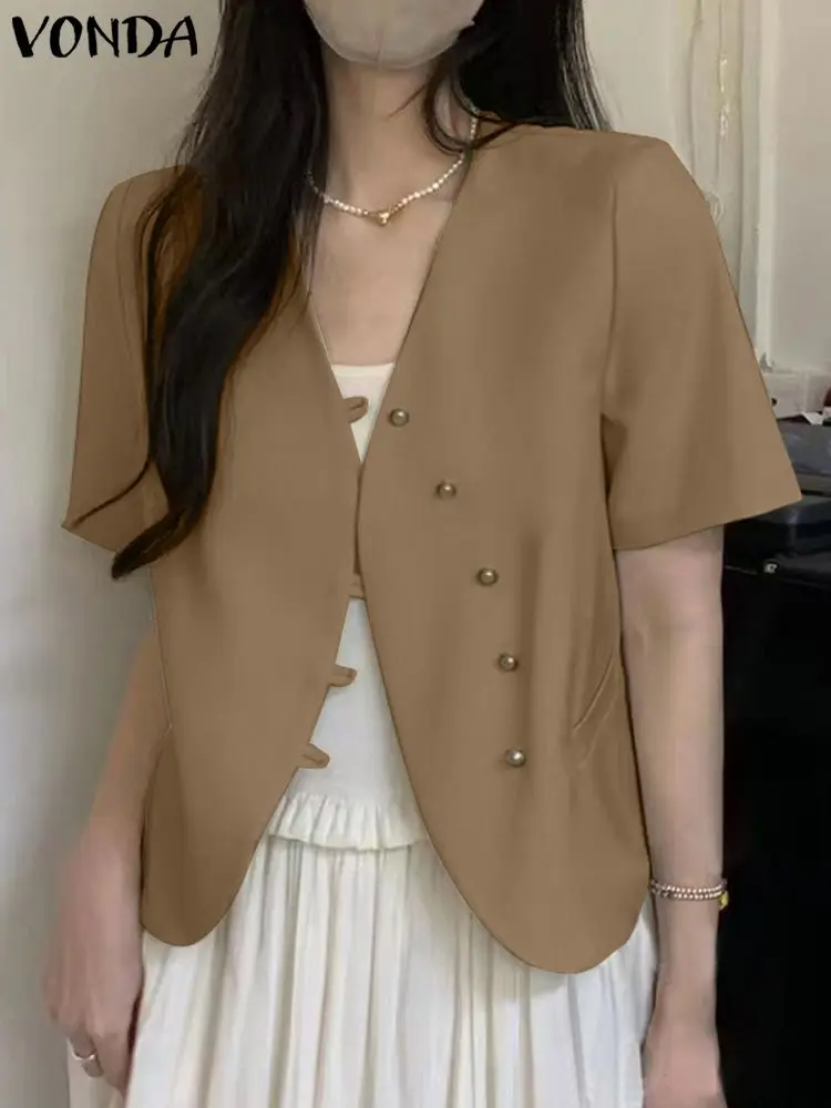 

Элегантное женское летнее пальто в офисном стиле 2023 VONDA, Модный повседневный однотонный свободный блейзер с коротким рукавом, топы на пуговицах