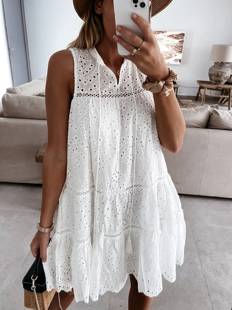 

Foridol Sleevless White Lace Dress Beach Summer Women 2023 Casual A-line Loose Hollow Out Short Dress Female Clothes.