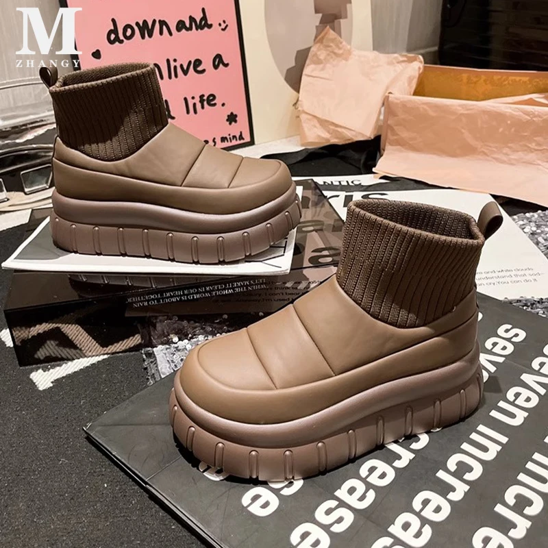 Ботильоны на платформе женские вязаные зимние сапоги плоской подошве