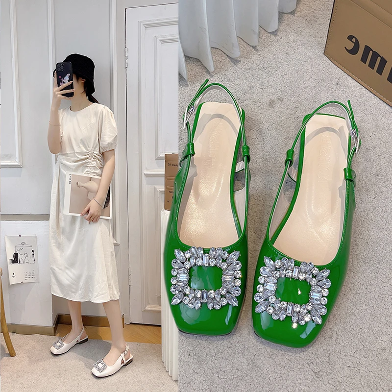 

Rhinestone Sandals Mary Jane Shallow Mouth Comfort Shoes for Women Summer Heels Med Pointed Girls High Spring Retro Medium Fashi