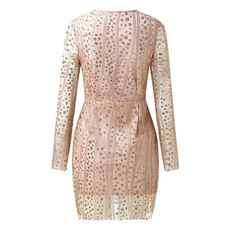 Autumn New Women's Sexy Temperament Deep V Perspective Sequin Hip Dress Long Sleeve Slim Fashion Elegant Evening Dress