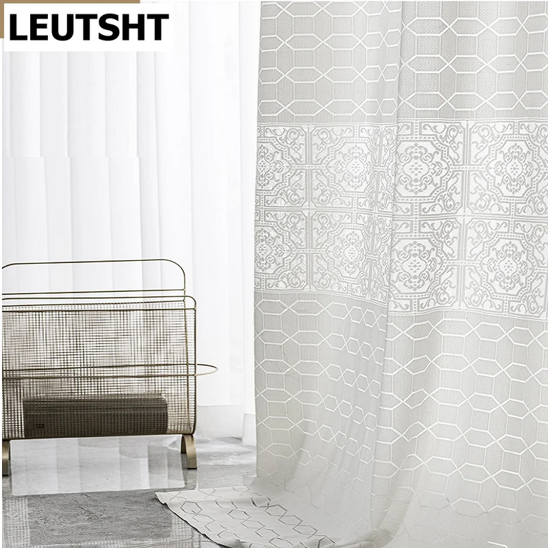 

Modern Curtains for Living Dining Room Bedroom Simple Chinese Style Pure Color Jacquard Window Screen White Tulle French Window