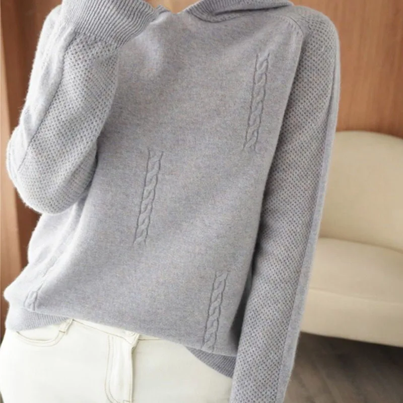 

New Autumn Winter Women Korean Simple Twist All Match Hooded Knitted Sweater Casual Solid Loose Long Sleeve Pullover Top Hoodies
