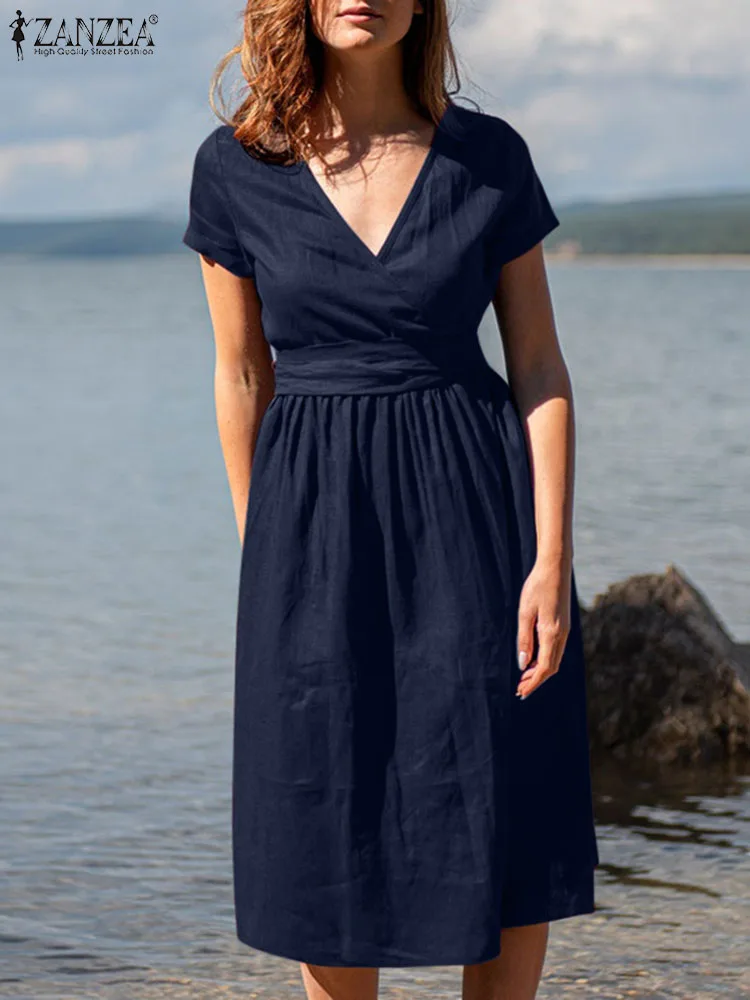 

Платье ZANZEA женское с V-образным вырезом, пляжный сарафан в богемном стиле с коротким рукавом, повседневное Однотонное Платье До Колена на шн...