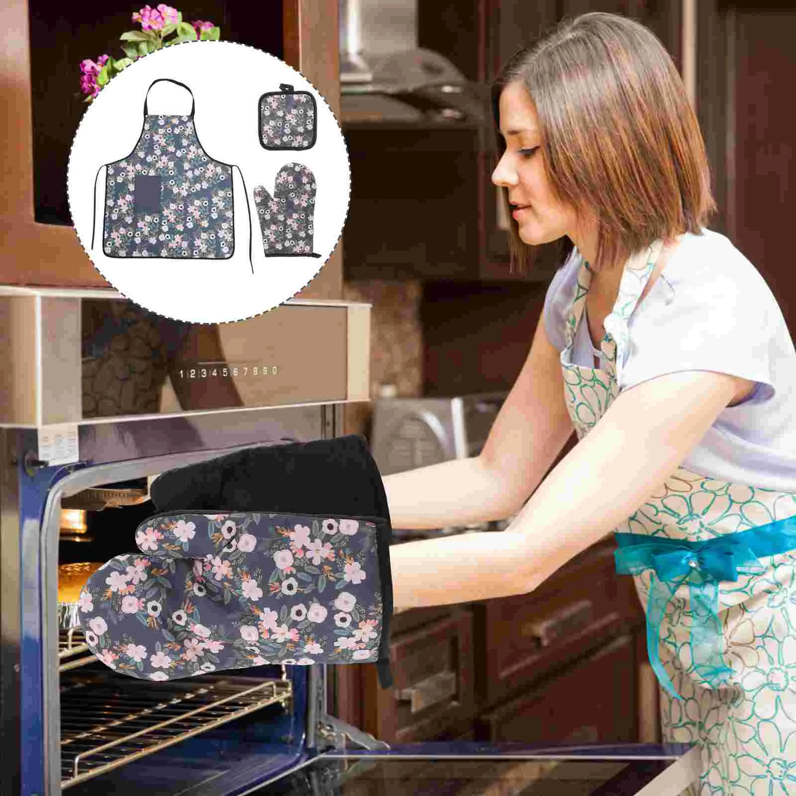 

1 Set Practical Anti-scalding Pattern Thickened Oven Mitt Kitchen Apron Baking Oven Mitt Heat Insulation Pad
