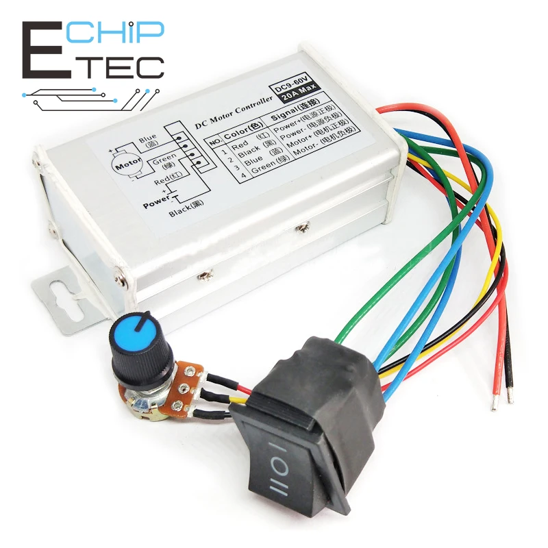 

DC9-60V 20A 1200W DC Motor Controller Motor Drive Module 25KHZ 12V 24V 36V 48V Reverse Switch Positive Inversion Speed Governor