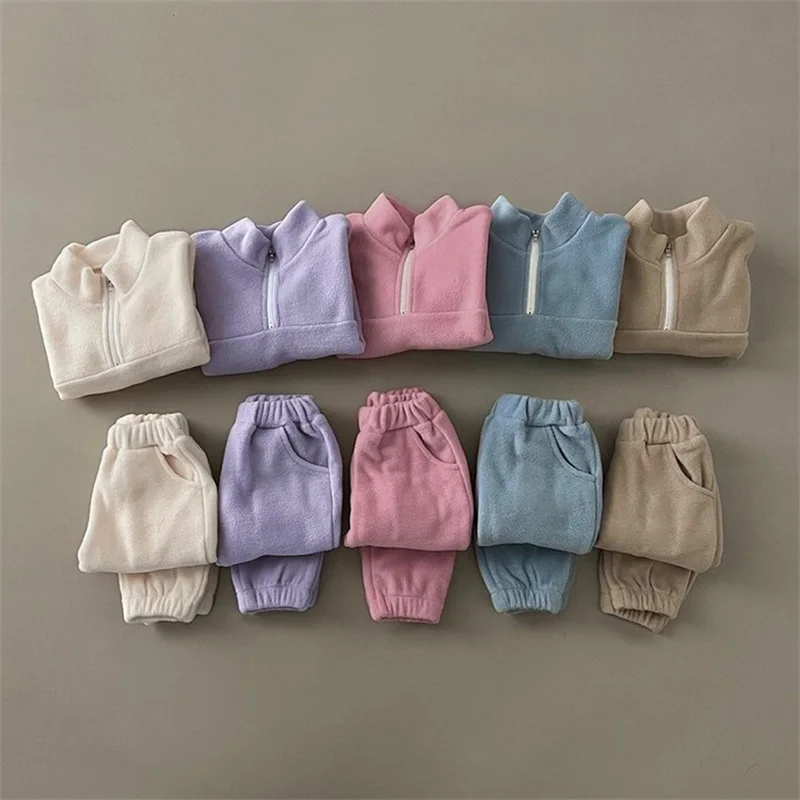 

Baby Infants Flannel Clothes Sets for Winter Boys and Girls Solid Color Sports Suits Sweatshirt and Pants 2pcs Children Outfits