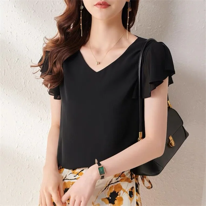 Женская шикарная блузка однотонная Милая шифоновая футболка Летние