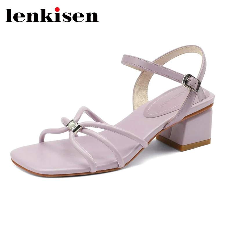 

Lenkisen Genuine Leather Peep Toe Med Heel Summer Shoes Concise Style Young Lady Daily Wear Fashion Solid Cozy Women Sandals L73