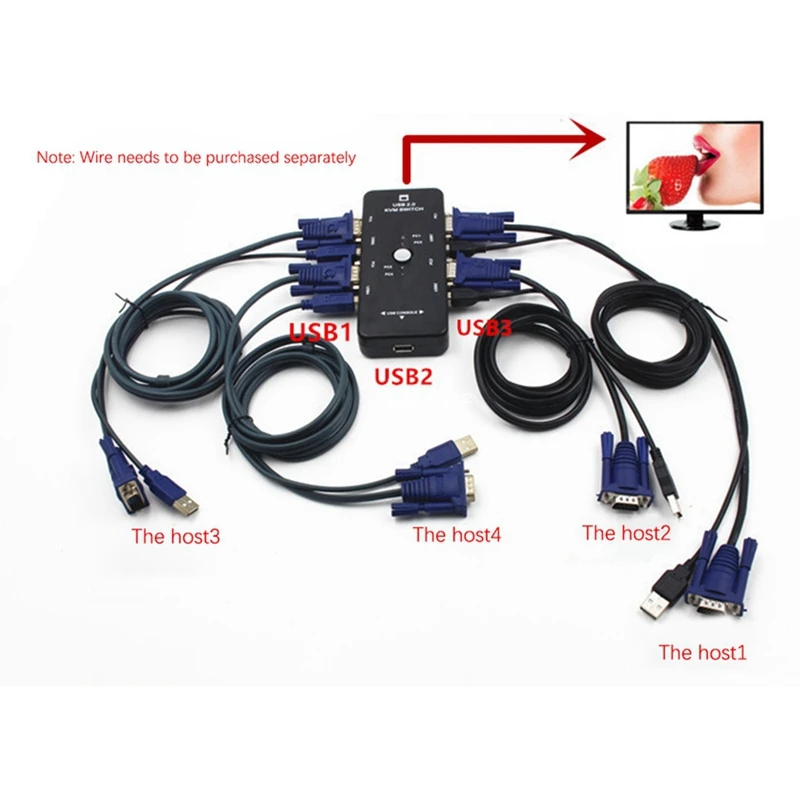 Новый четырехпортовый коммутатор USB 2 0 KVM + 4 KVM-кабеля для монитора клавиатуры VGA SVGA