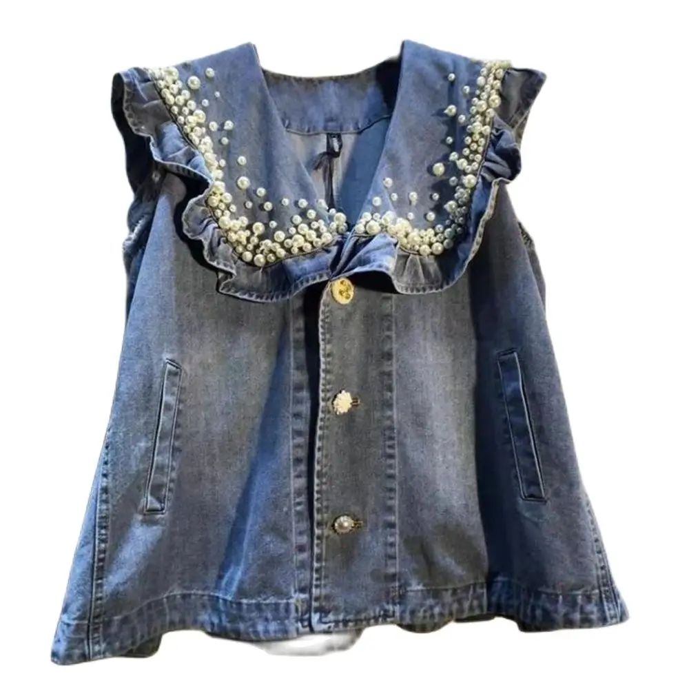 

Women Waistcoat Loose Sleeveless Jacket Ruffles Splicing Jeans Vests Female Doll Collar Vintage Blue Beading Diamonds Denim Vest