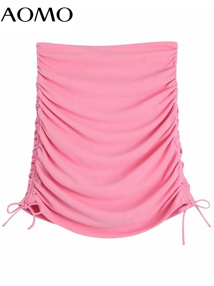 

AOMO 2022 Women Pink Pleated Skirts Faldas Mujer Zipper French Style Female Mini Skirt 3H467A
