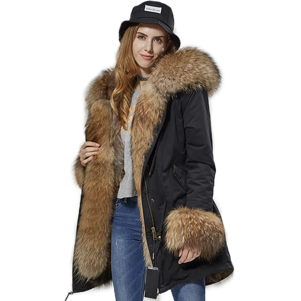 2022 New Fashion Natural Real Fox Fur Collar giacca nera Parka da donna con pelliccia cappotto invernale caldo capispalla in pelliccia grande donna