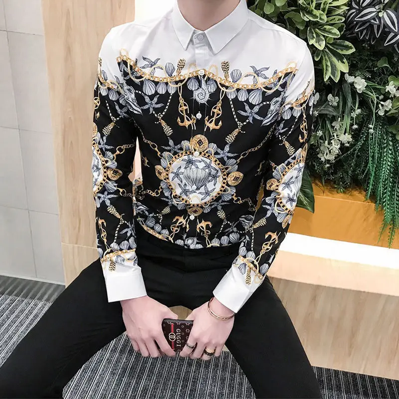 

2022 autumn new trendy brand European and American fashion large size personalized printing long-sleeved shirt men's dress shirt
