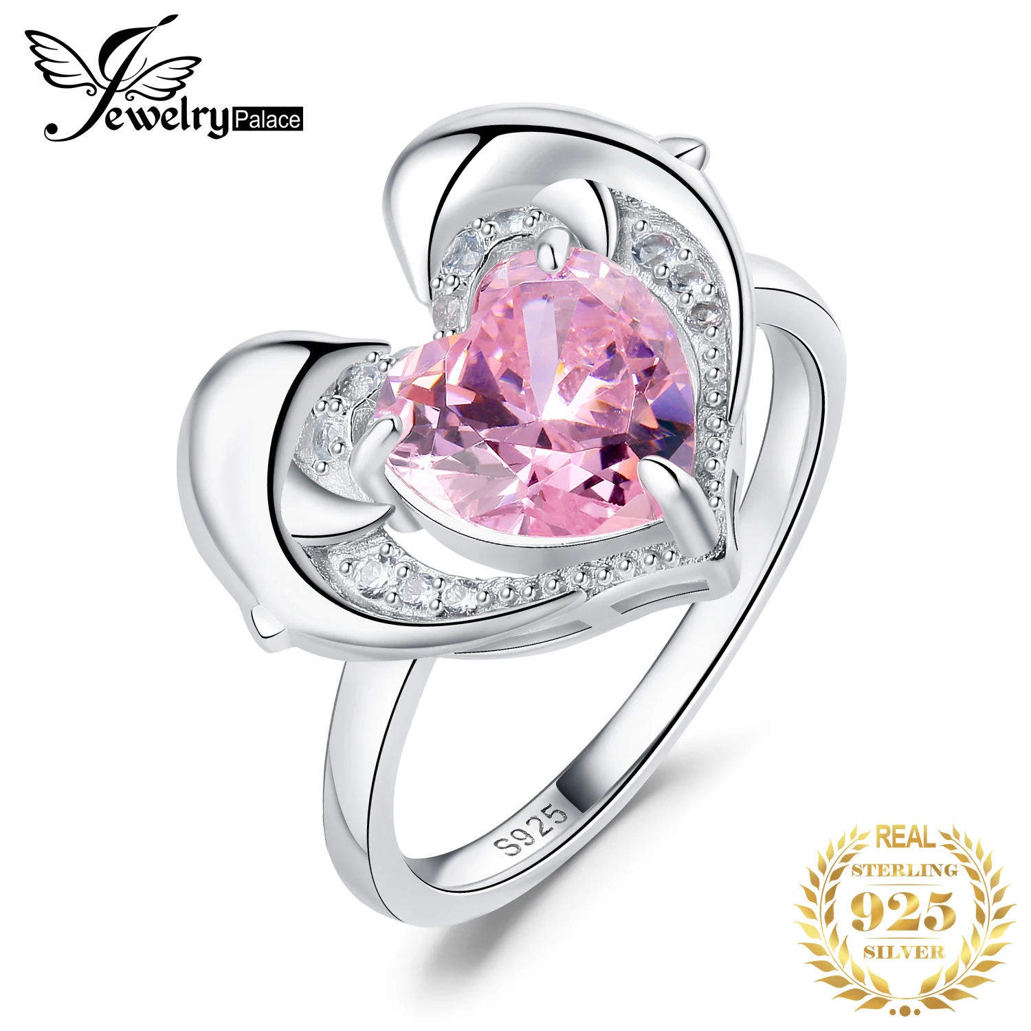 

JewelryPalace New Arrival Love Heart Dolphin 3.2ct Pink Gemstone 925 Sterling Silver Cocktail Ring for Woman Girl Trendy Jewelry
