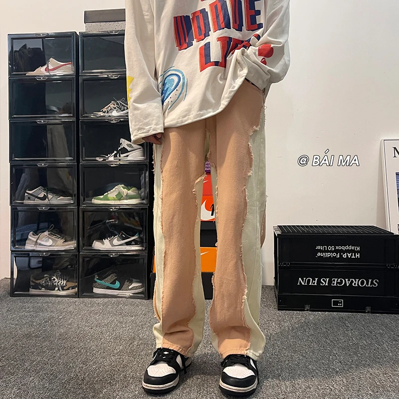 Pink Black Baggy Jeans Men Fashion Retro Harajuku Casual Straight Jeans Men Streetwear Hip Hop Loose Denim Pants Mens Trousers