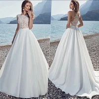 elegant o neck ball gown wedding dress 2022 sexy sleeveless lace appliques bridal gown illusion tulle button chiffon sweep train