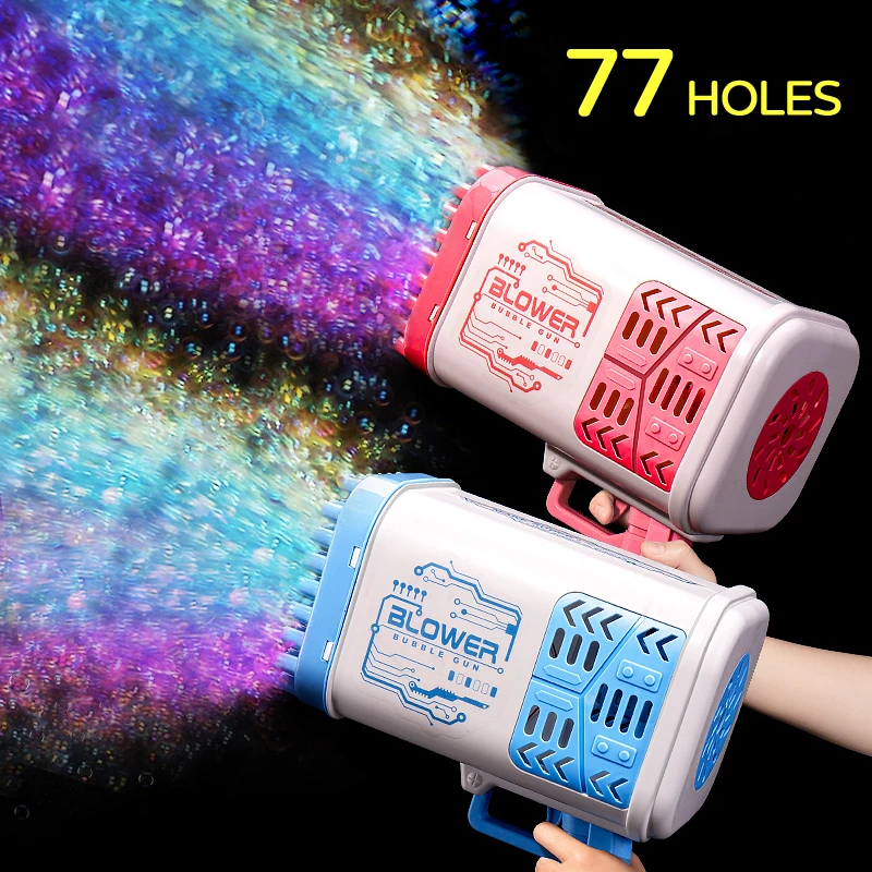 

Soap Bubble Gun 77 Holes Children Bazooka Machine Shape Electric With Light Summer Outdoor Water Game Bath Toys For Kids Gifts