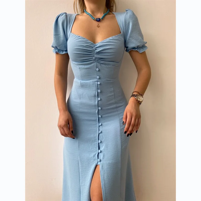 

Sexy Puff Sleeve Long Dress Square Collar Elegant Women Dress Slim Single Breasted Women Office Lady Solid A-linen Ladies 25821