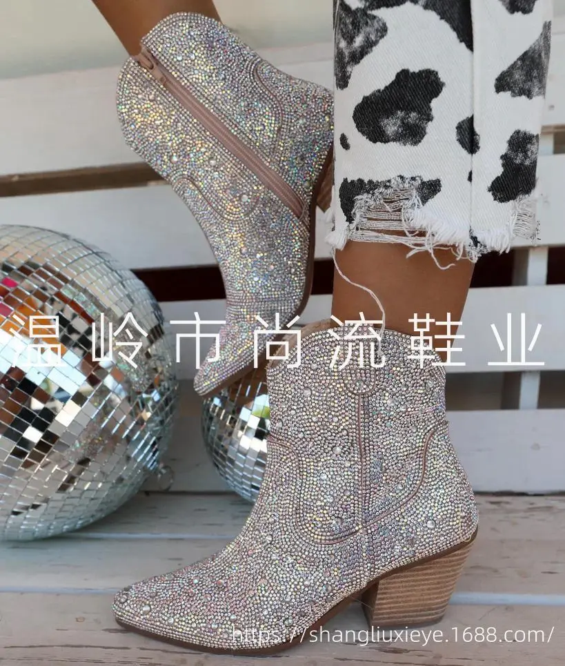 Pointed Toe Short Boots Women Champagne Silver Wide Calf Embroidered Sequin Hot Diamond Block Heel Pull-On Cowgirl Booties Shoes