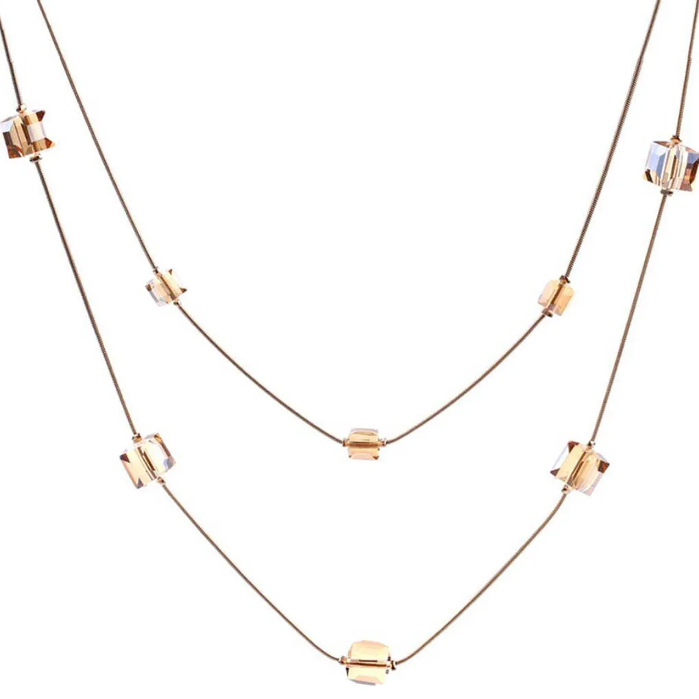 

Women Multi Layers Sweater Necklace Simple Design Rhinestones Cubes Pendant Girls Neck Jewelry