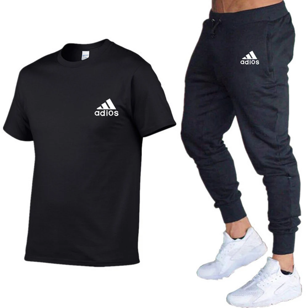 Men's Tracksuit Man Casual Fitness Short Sleeve Sport Pants Suit Cotton T-Shirt+Trousers Two Pieces Sets High-quality Sportswear