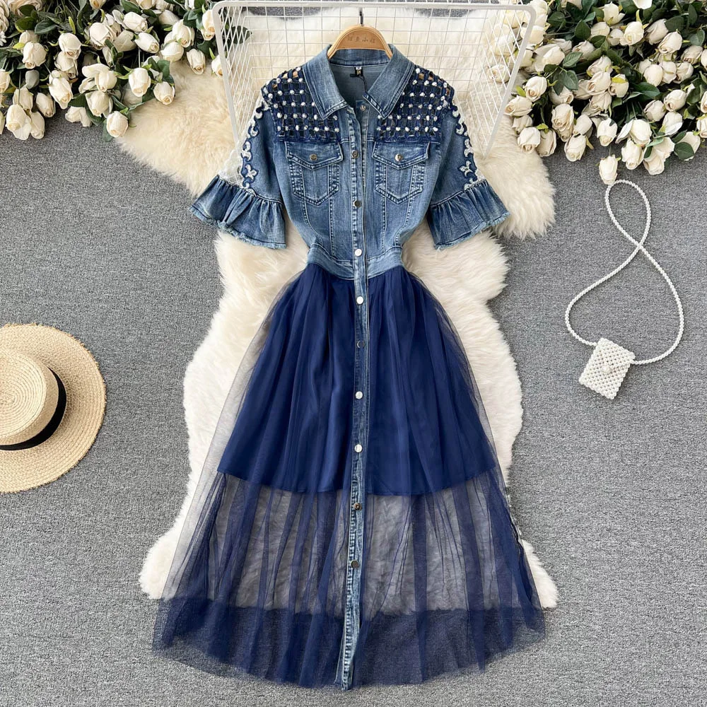 

Summer Women Tulle Patchwork Denim Dress Korean Style Short Sleeve High Waist Single-Breasted Dresses Female Streetwear M-2XL